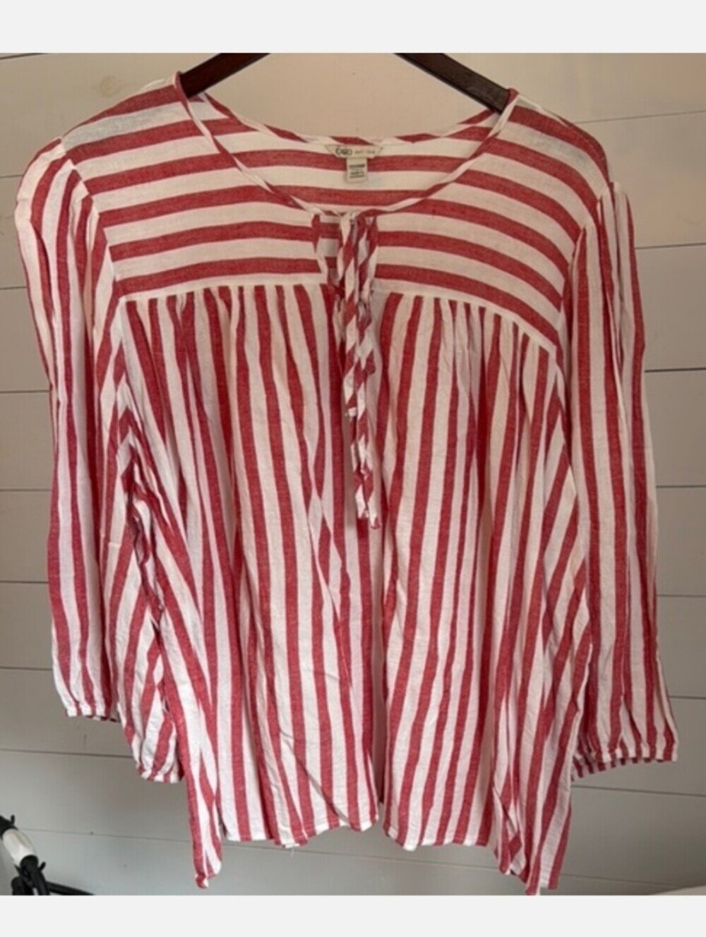 Cato Red White Striped 3/4 Sleeve Bib Collar Blouse Women's XL Tie Front Flowy